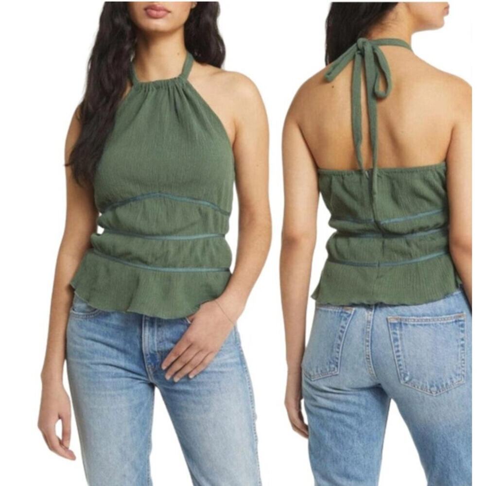 TOPSHOP Green Crinkle Halter Neck Peplum Tank‎ Top US Size 10